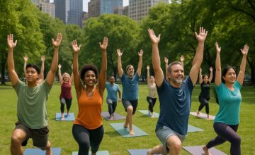 People doing yoga outdoors in an urban park