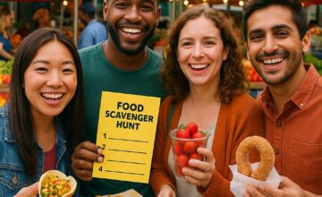 People enjoying local food at a farmer's market during a scavenger hunt