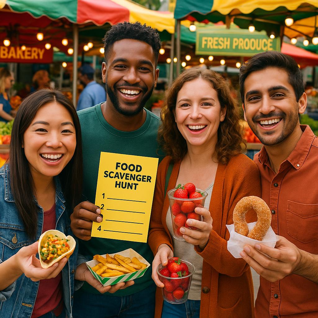 People enjoying local food at a farmer's market during a scavenger hunt