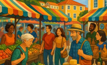 Colorful local market in Lisbon with fresh produce and stalls