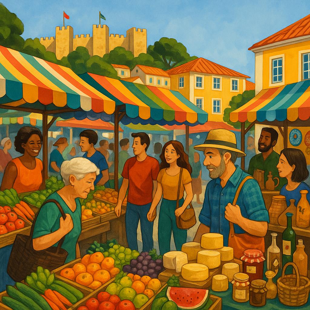 Colorful local market in Lisbon with fresh produce and stalls
