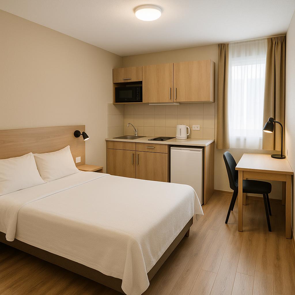 Which Long-Stay Aparthotels for Budget Travelers Are Most Practical? 2 Budget aparthotel room with kitchen and workspace