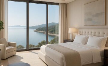 Quiet luxury villa bedroom with a calm sea view