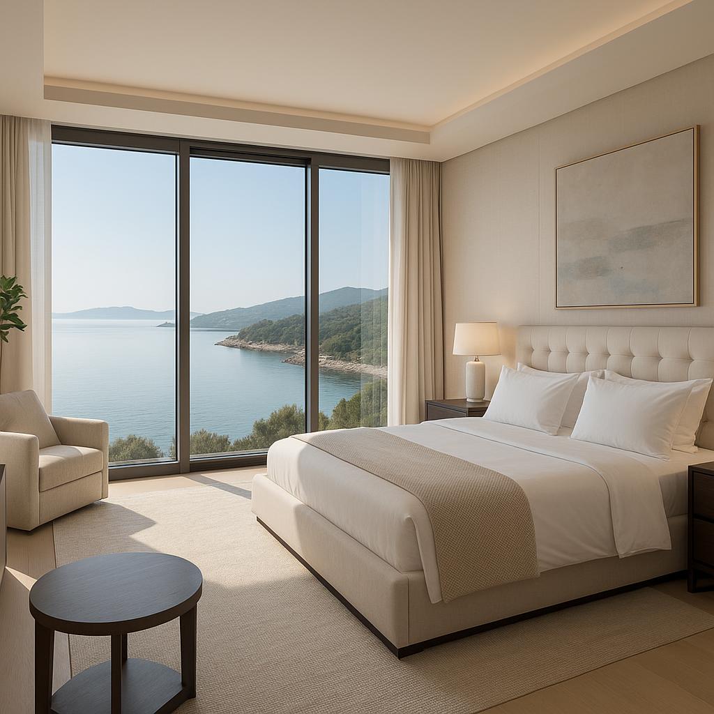 Quiet luxury villa bedroom with a calm sea view