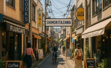 Street scene in Shimokitazawa Tokyo with indie shops and local cafes