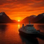 Midnight sun above fjords near Tromsø