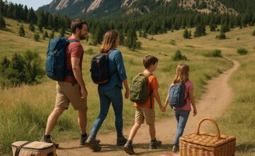 Family hiking in Boulder Colorado with scenic mountain views and picnic