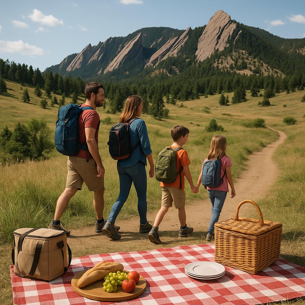 Family hiking in Boulder Colorado with scenic mountain views and picnic