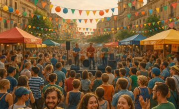 Vibrant street festival with music and food vendors