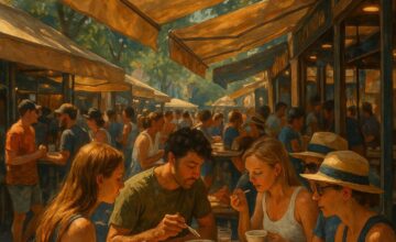 People enjoying shaded indoor food market tour during hot weather