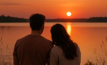 Couple watching sunset without phones