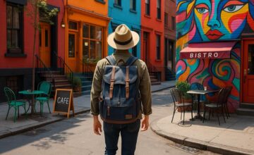 Solo traveler strolling Greenwich Village NYC street