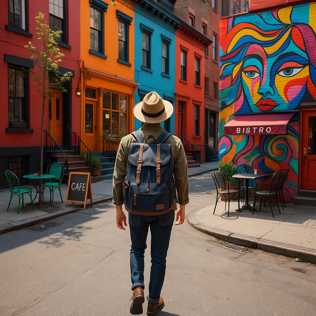 Solo traveler strolling Greenwich Village NYC street
