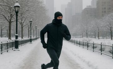 Runner in thermal gear running on snow-covered urban park path