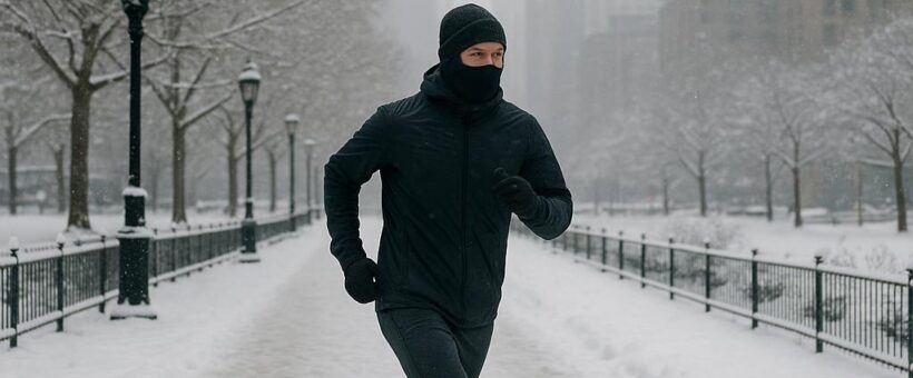 Runner in thermal gear running on snow-covered urban park path