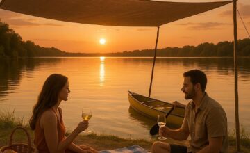 Couple enjoying a shaded picnic and calm paddle on a lake at sunset