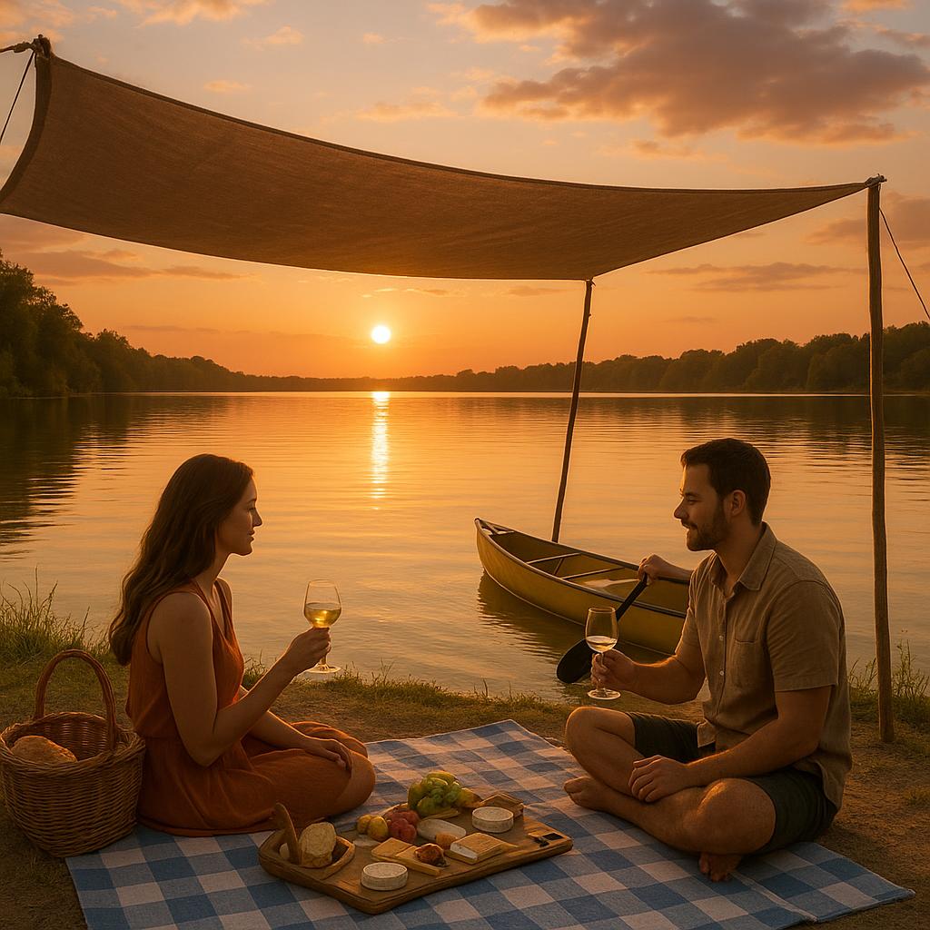 Couple enjoying a shaded picnic and calm paddle on a lake at sunset