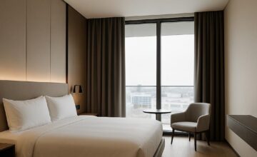 Quiet hotel room with blackout curtains and soundproof windows