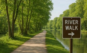 Gentle river walk trail with flat terrain and scenic vistas