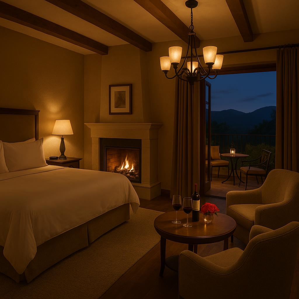 Cozy romantic suite with fireplace and private balcony