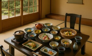Kaiseki meal served at a traditional ryokan with tatami and low table