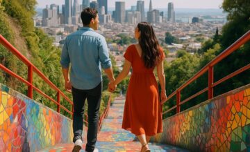 Couple climbing vibrant tiled stairs with city views