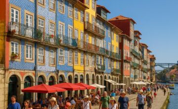 Historic riverside street in Porto, Portugal