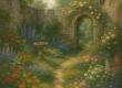 Secret garden featuring blooming flowers amid peaceful medieval stone walls
