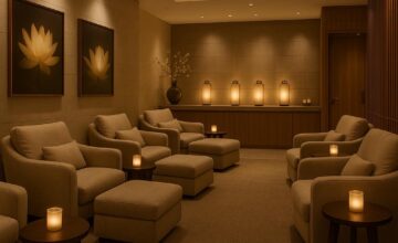 A calming airport spa lounge with comfortable seats and soft ambient lighting