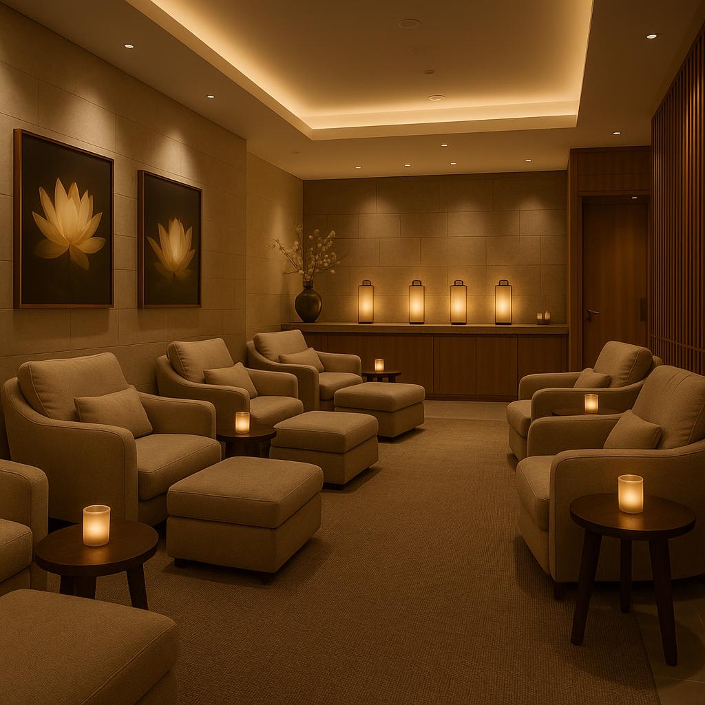 A calming airport spa lounge with comfortable seats and soft ambient lighting