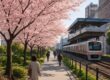 Cherry blossoms in urban park accessible by train