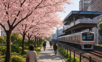 Cherry blossoms in urban park accessible by train