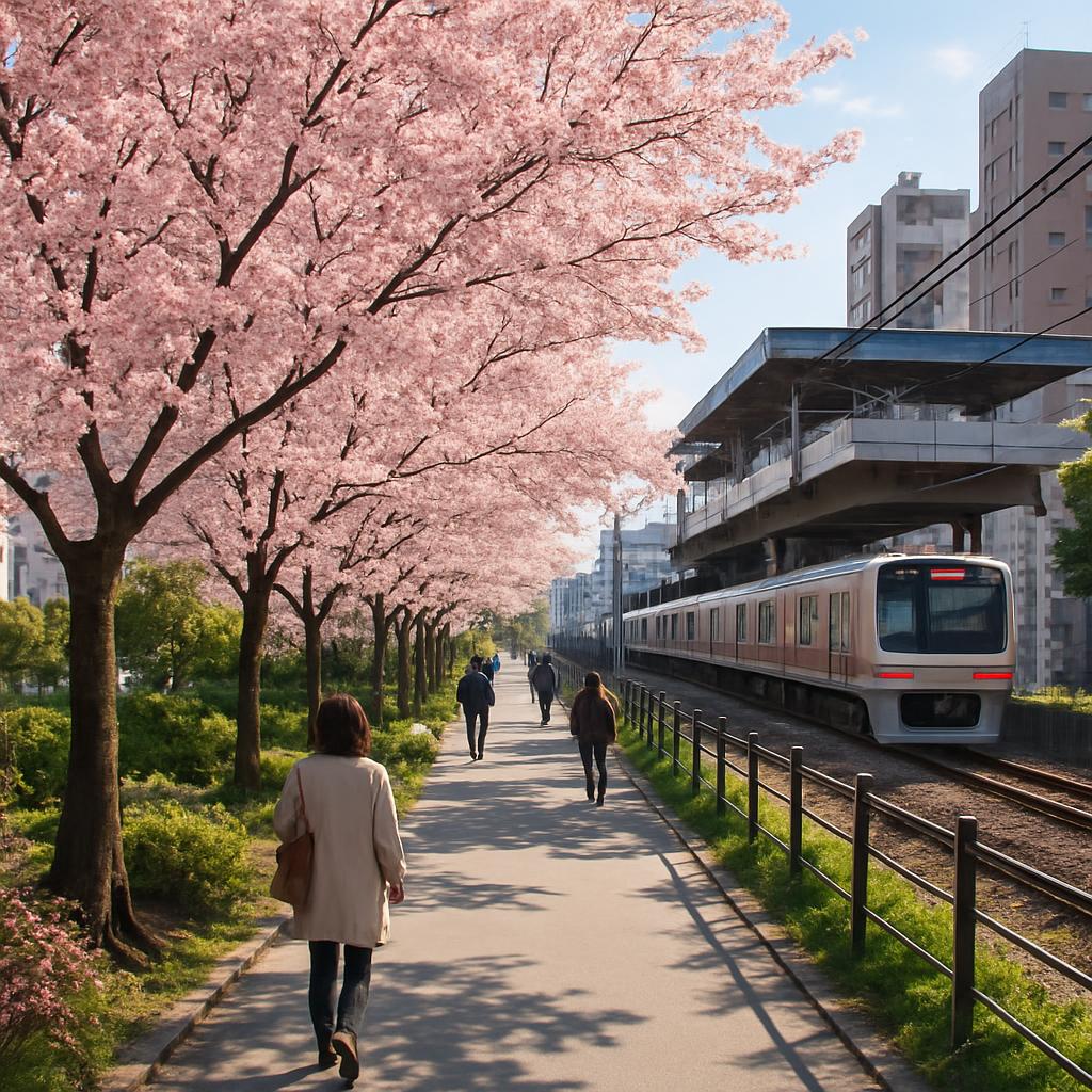 Cherry blossoms in urban park accessible by train