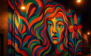 Night-lit street-art mural