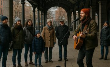 Street performer in a covered urban plaza during shoulder season