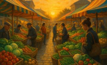 Sunrise market with colorful stalls and fresh produce during early morning hustle