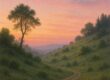 Secluded hillside at sunrise with gentle pastel sky and no people