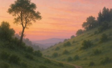 Secluded hillside at sunrise with gentle pastel sky and no people