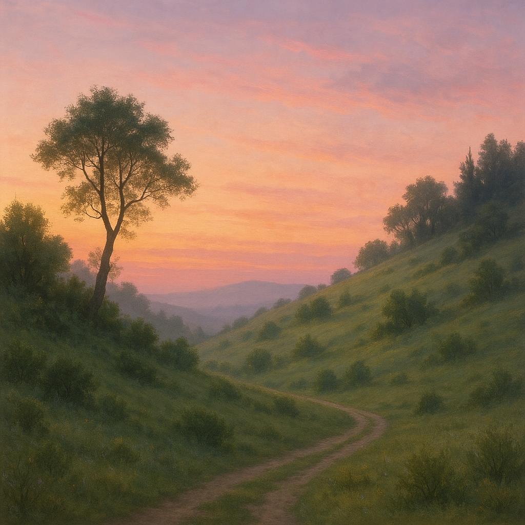 Secluded hillside at sunrise with gentle pastel sky and no people