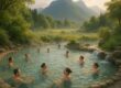 Thermal bath with visitors in scenic mountain setting