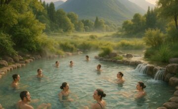 Thermal bath with visitors in scenic mountain setting