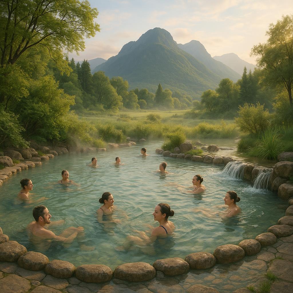 Thermal bath with visitors in scenic mountain setting