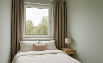 Cozy tiny home bedroom with soundproof window and peaceful décor
