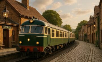 Train arriving at historic town station with cobblestone streets
