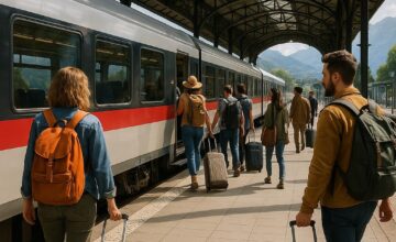 Travelers boarding a modern train at a clean station