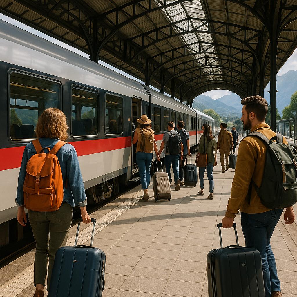 Travelers boarding a modern train at a clean station