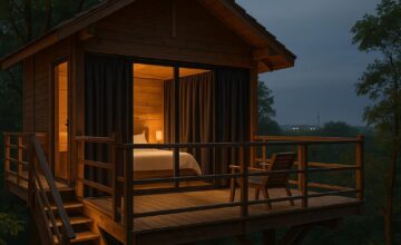 Treehouse lodge with blackout curtains and soft bedding