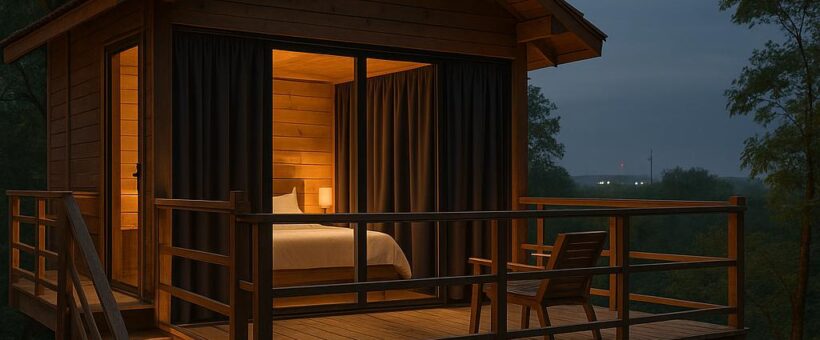 Treehouse lodge with blackout curtains and soft bedding