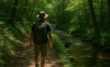 Shaded forest trail with creek crossings