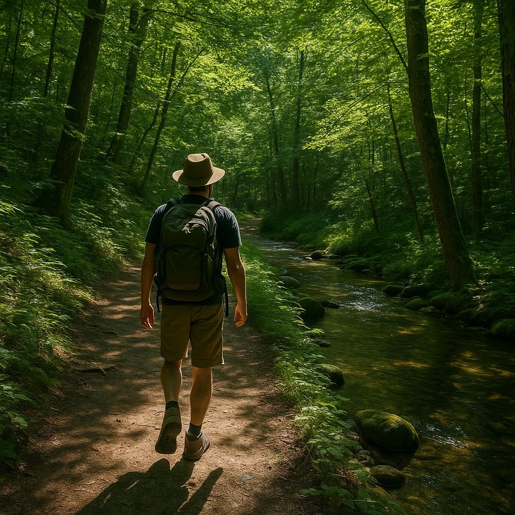 Shaded forest trail with creek crossings
